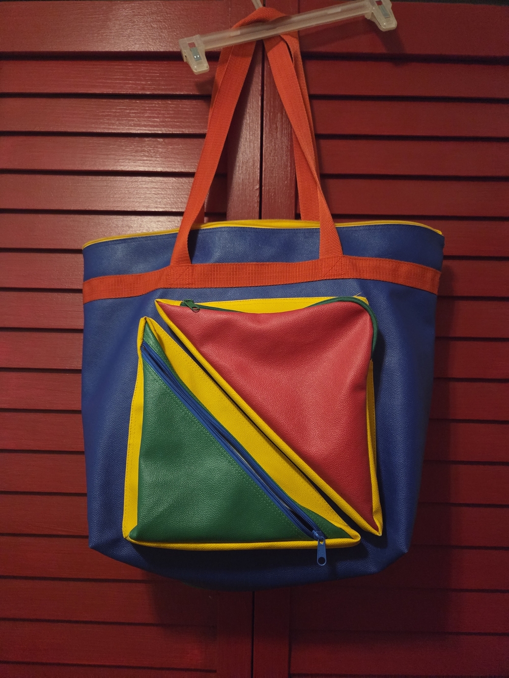 Vintage Colorblock Blue Tote Bag with Red, Green & Yellow Pockets